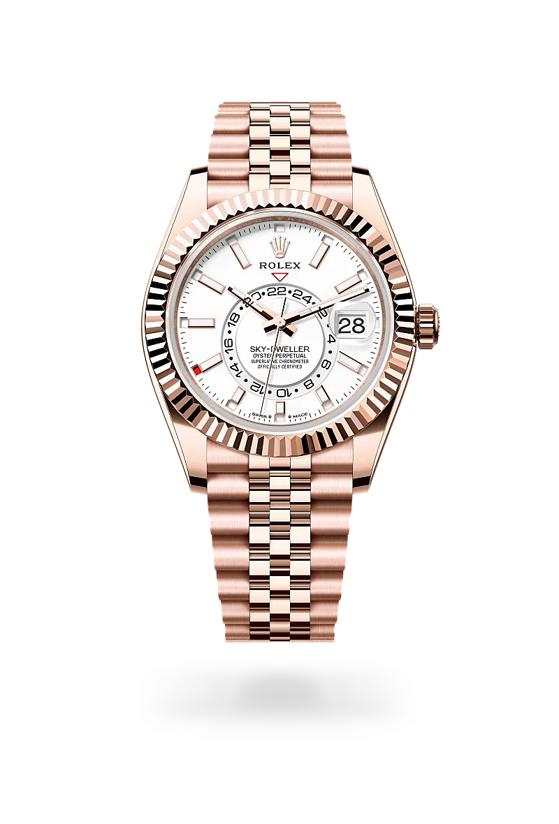 Rolex Sky-Dweller in Everose gold with a white dial, fluted bezel, and Jubilee bracelet - AH Riise