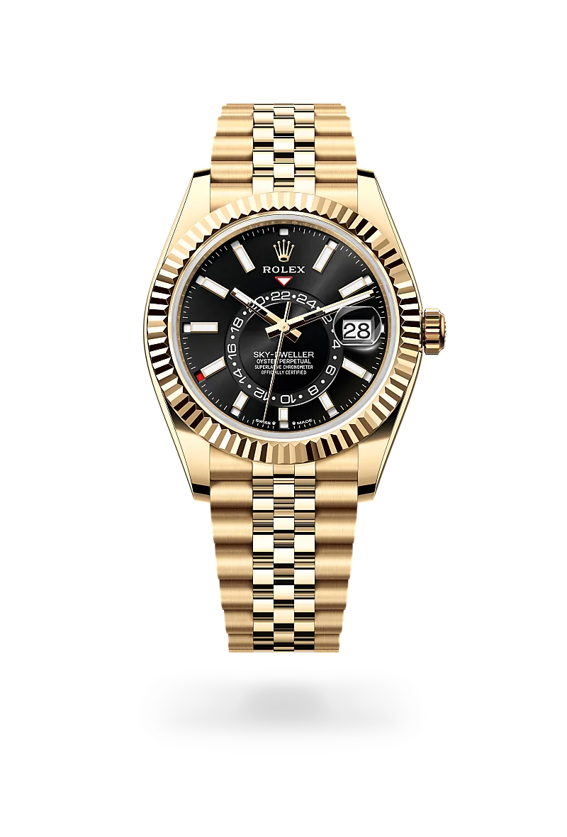 Rolex Sky-Dweller in yellow gold with a bright black dial, fluted bezel, and Jubilee bracelet - AH Riise
