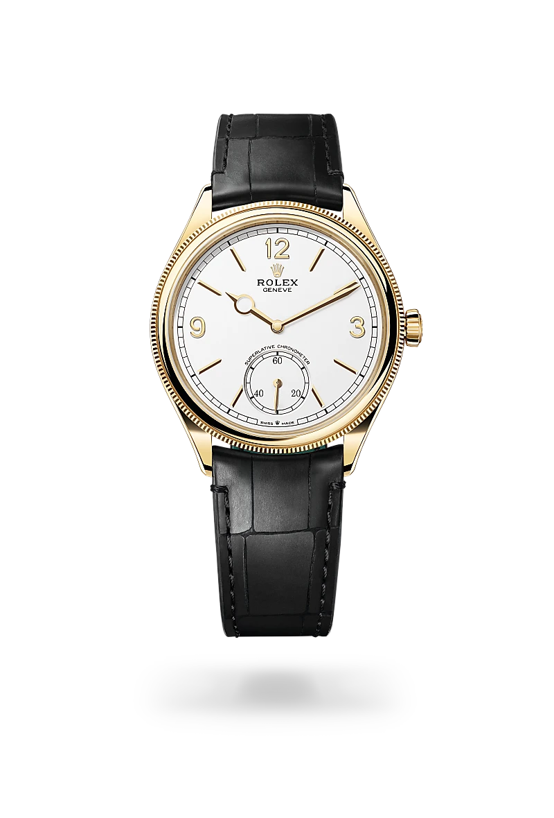 Rolex 1908 in 18kt yellow gold with an intense white dial, domed and fluted bezel, and Leather strap bracelet - AH Riise
