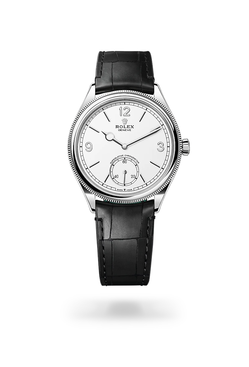 Rolex 1908 in 18kt white gold with an intense white dial, domed and fluted bezel, and Leather strap bracelet - AH Riise